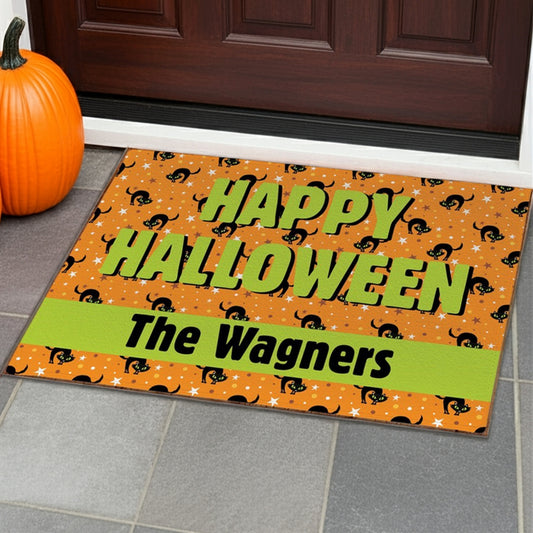 Personalized Happy Halloween doormat with black cats and green text at front door