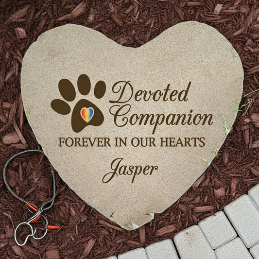 Personalized heart pet memorial garden stone with paw print and Devoted Companion inscription