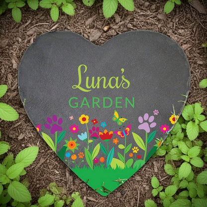 Personalized heart slate pet memorial garden stone with colorful flower design