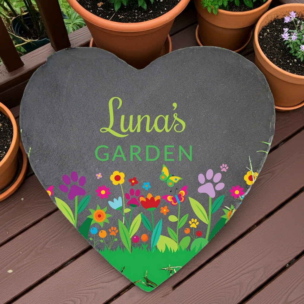 Personalized heart slate pet memorial garden stone with colorful floral and paw print design