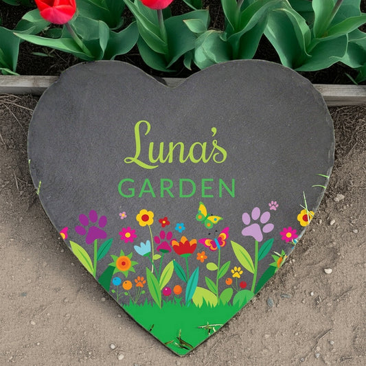 Personalized heart slate pet memorial garden stone with colorful floral design