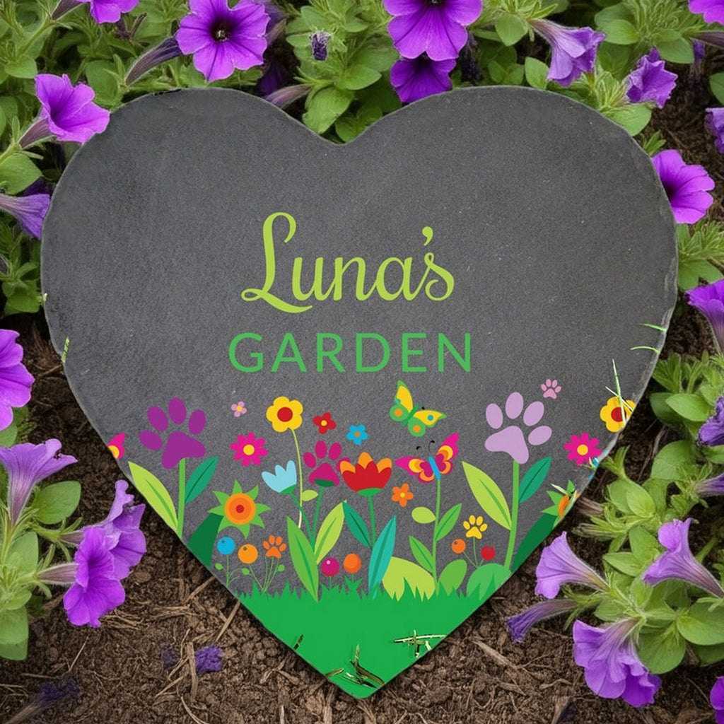 Personalized heart slate pet memorial garden stone with colorful flowers and paw prints