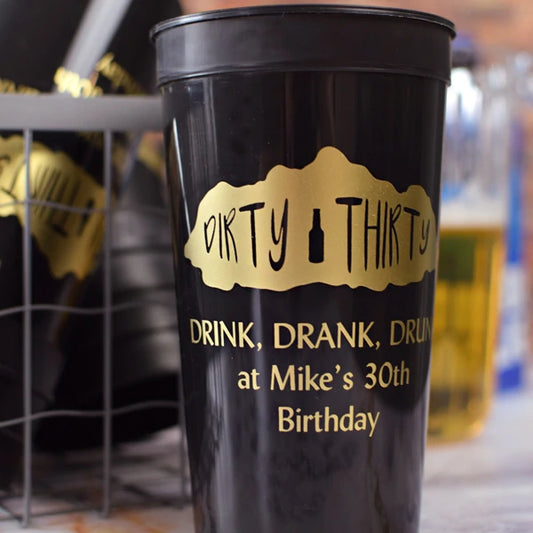 Black 32 oz. jumbo stadium cup custom printed with dirty thirty adult birthday design and 3 lines of custom text in gold print