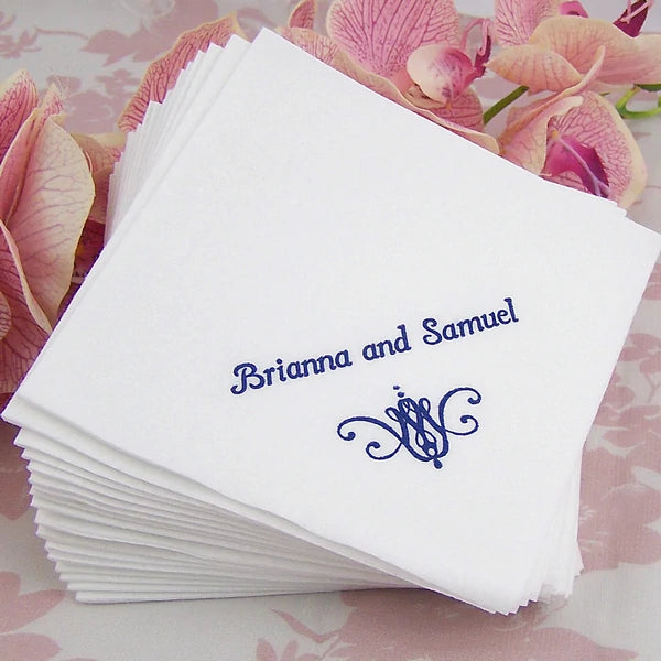 White premium linen feel wedding beverage napkins personalized with bride and groom name and custom monogram design