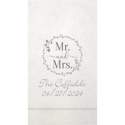 Silver hemstitch bella wedding guest hand towel personalized with mr and mrs wreat design and custom text in charcoal grey print