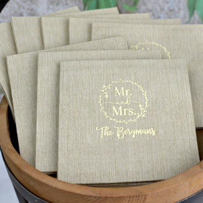 Taupe color bella bamboo fiber wedding napkins personalized with mr and mrs wreath design and married name in ivory print