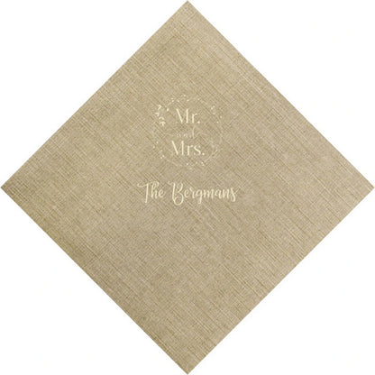 Cocoa color bella wedding cocktail napkin personalized with mr and mrs wreath design and married name in ivory print