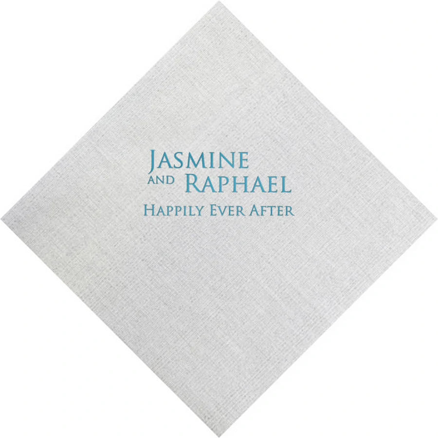 White color bamboo fiber wedding cocktail napkin personalized with bride and groom name and happily ever after text in robins egg blue print