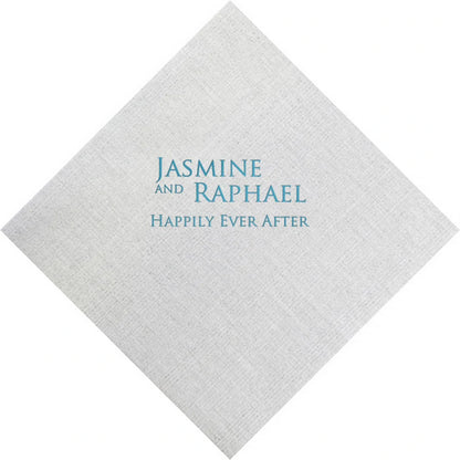 White color bamboo fiber wedding cocktail napkin personalized with bride and groom name and happily ever after text in robins egg blue print