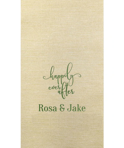 Champagne color bella bamboo fiber wedding guest towel personalized with happily ever after design and bride and groom name in green print