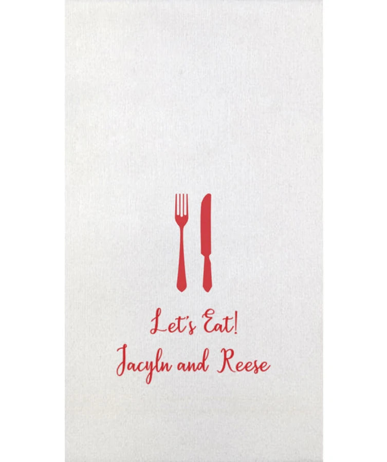 White color bella bamboo wedding dinner napkin personalized with fork and knife design and 2 lines of text in red print