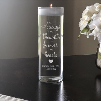 Personalized memorial candle with heartfelt message and name Emma Miller etched on clear glass