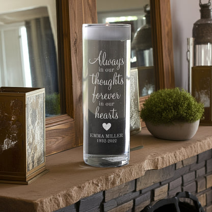 Personalized memorial candle with heartfelt message and name Emma Miller displayed on wooden mantel