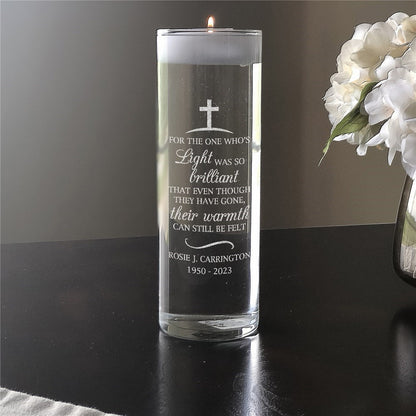 Personalized memorial candle vase with engraved cross and custom text for remembrance