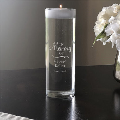 Personalized memorial candle vase engraved with In Memory of George Keller 1945 to 2022
