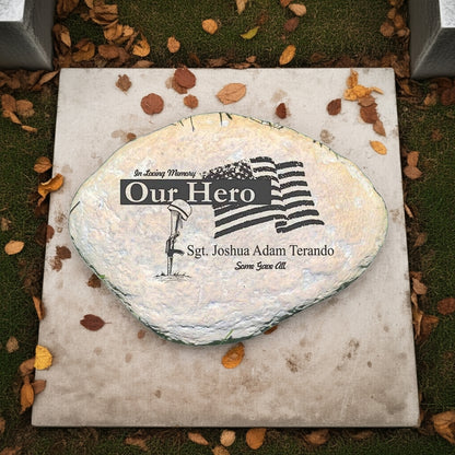 Personalized military memorial garden stone with Our Hero text and American flag design