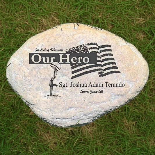Personalized military memorial garden stone with American flag and tribute text