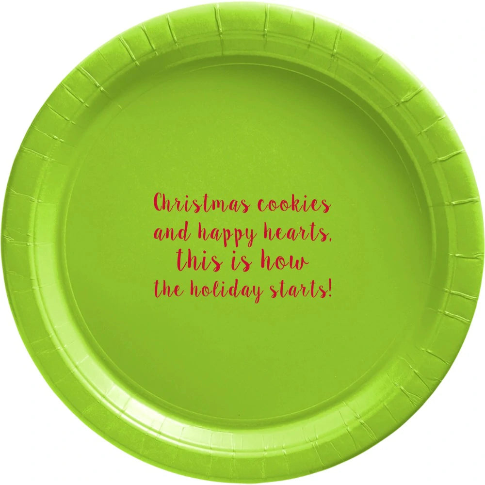 Kiwi green plate custom printed for Christmas cookies with 4 lines of custom text in red print