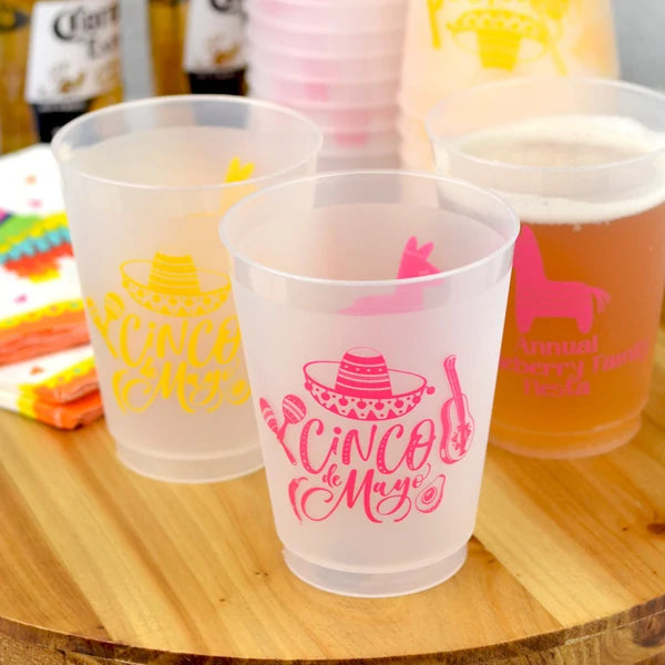 16 oz clear frosted shatterproof cups personalized with cinco de mayo design in hot pink and light yellow print