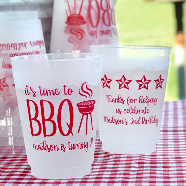 16 oz clear frost shatterproof cups personalized for summer birthday party with time to bbq design and custom text on front side and stars banner design and custom text on back side in red print