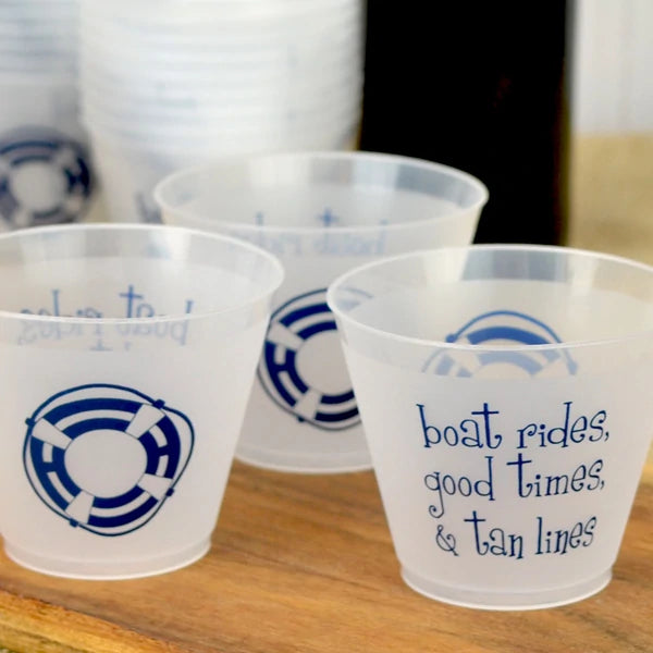 9 oz clear frosted plastic tumber cups personalized for boat party cups with lifesaver design on front side and custom text on back side in navy print