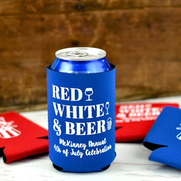 Blue neoprene summer theme can coolers personalized with red white and beer design and custom text in white print