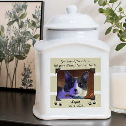 Personalized photo cat urn white ceramic with custom cat photo and paw prints