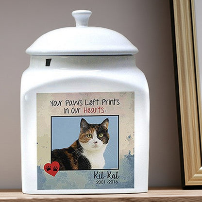 Personalized photo cat urn with custom cat image and memorial text on white ceramic