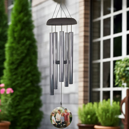 Personalized photo memorial wind chime with metal tubes and custom photo hanging outside
