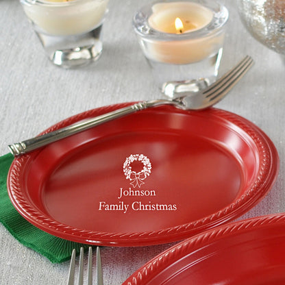 Tippytoad plastic Christmas appetizer & dessert plates in red with personalized design for festive gatherings