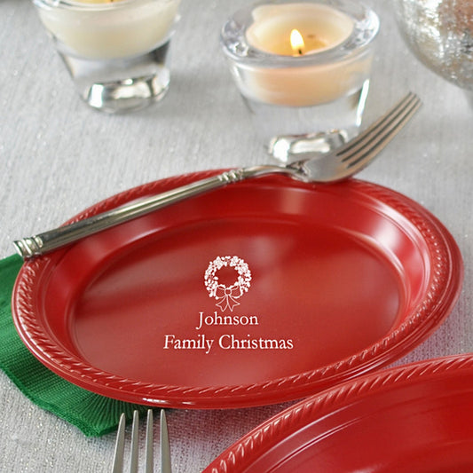 Tippytoad plastic Christmas appetizer & dessert plates in red with personalized design for festive gatherings