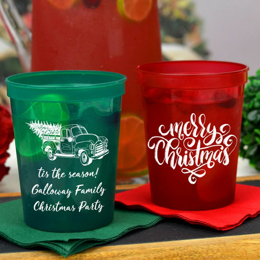 personalized plastic christmas party cups, green, red translucent with white print