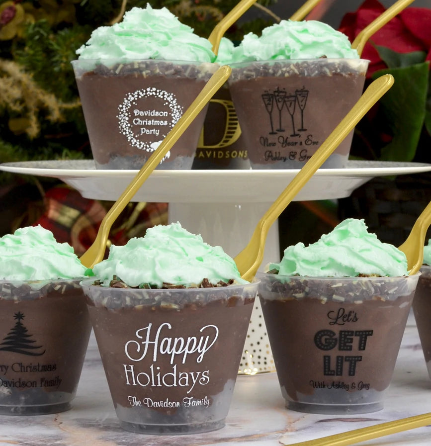 Personalized 9 ounce plastic Christmas squat cups filled with holiday desserts