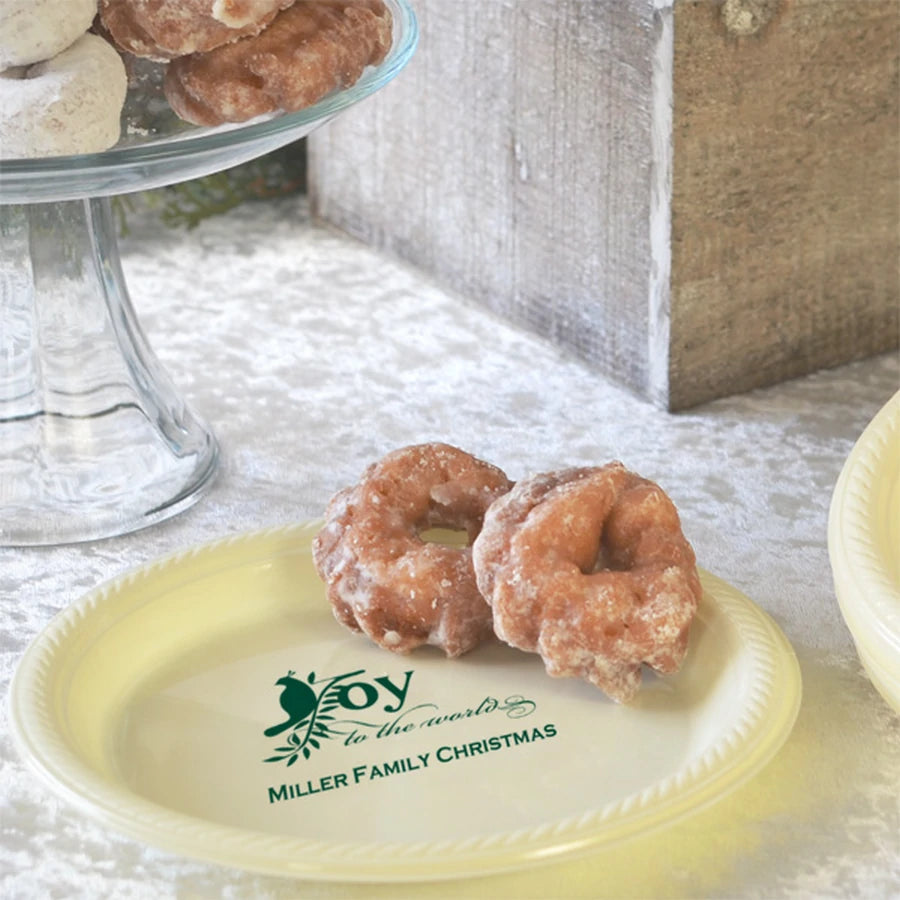 Doughnuts on vanilla color Christmas snack plate personalized with Joy to the world design and custom text in green print