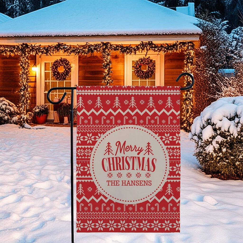 Personalized garden flag featuring festive Merry Christmas design for holiday decor