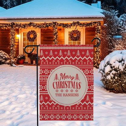 Personalized garden flag featuring festive Merry Christmas design for holiday decor