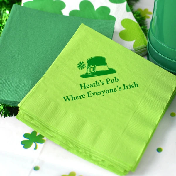 Kiwi green saint patricks day beverage napkins personaized with irish hat design and 2 lines of text in green print