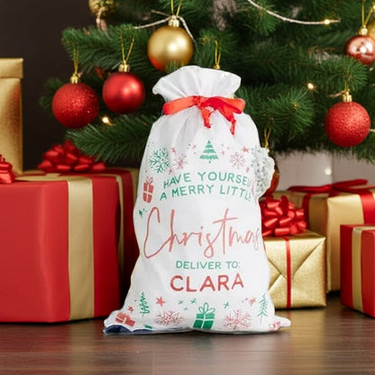 Personalized Santa gift sack with festive design, perfect for Christmas gift giving and decorations
