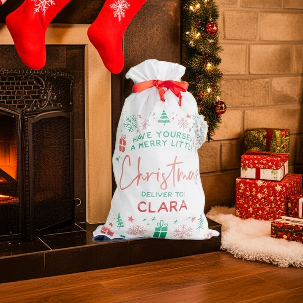 Personalized Santa gift sack with festive design, perfect for holiday gifting and name customization