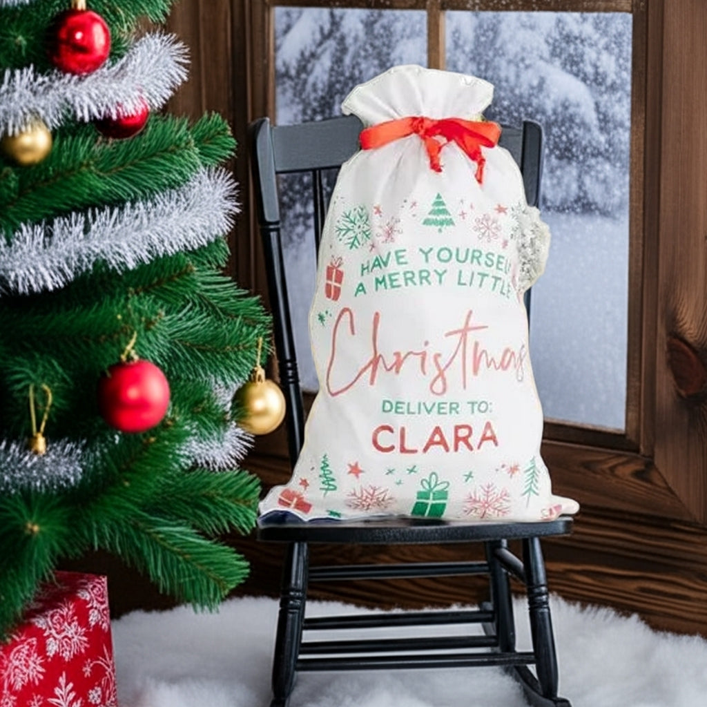 Personalized Santa gift sack featuring festive design and customizable name for Christmas celebrations