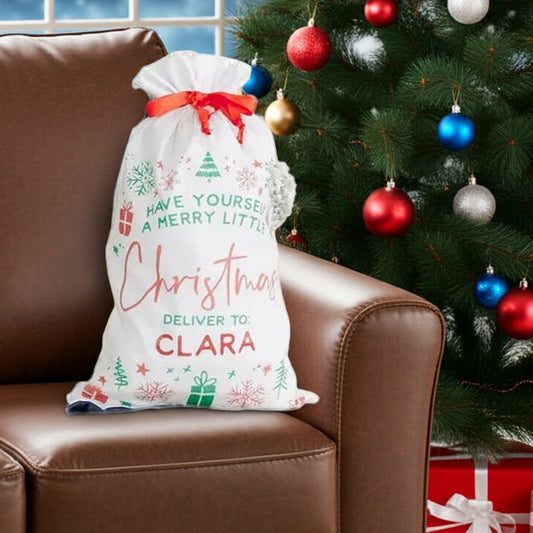 Personalized Santa gift sack featuring festive design and custom name Clara for Christmas celebrations