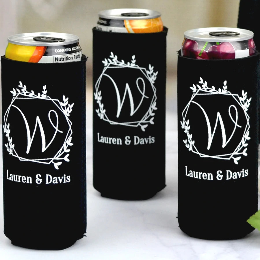 Black 12 Oz. slim wedding can cooler favors personalized with geodesic wreath initial and bride and groom name in wite print