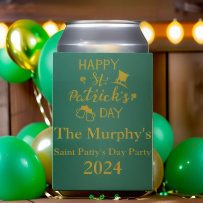 Green color st patricks day can cooler favor personalized with happy st patricks day design and 3 lines of text in gold print