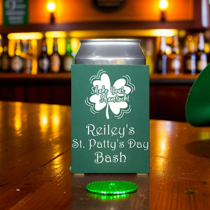 Green color st pattys day can sleeve favor personalized with shake your shamrock design and 3 lines of text in white print on bar table