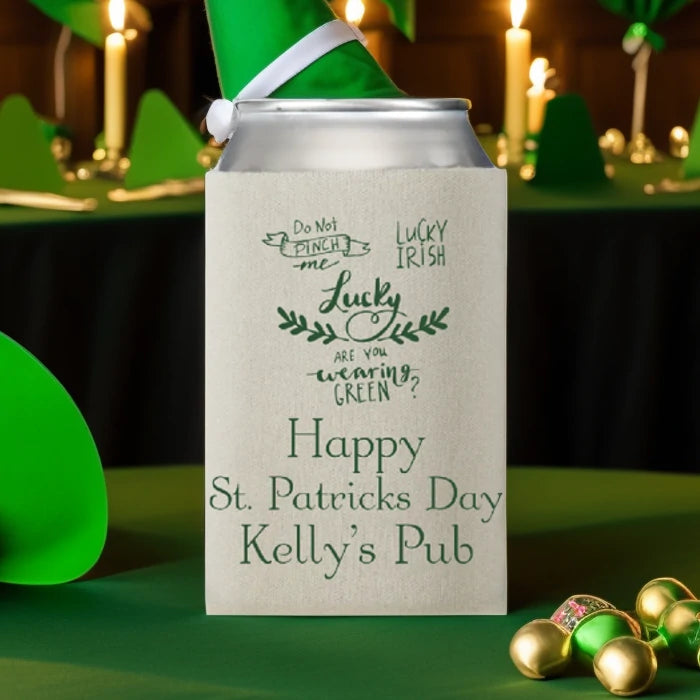 Sandstone color st patricks day can cooler favor personalized with luck design and 3 lines of text in hunter green print on party table