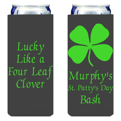 Charcoal color slim can cooler personalized for 4 lines of custom text on front side and 4 leaf clover design and 3 lines of text on back side in neon green print