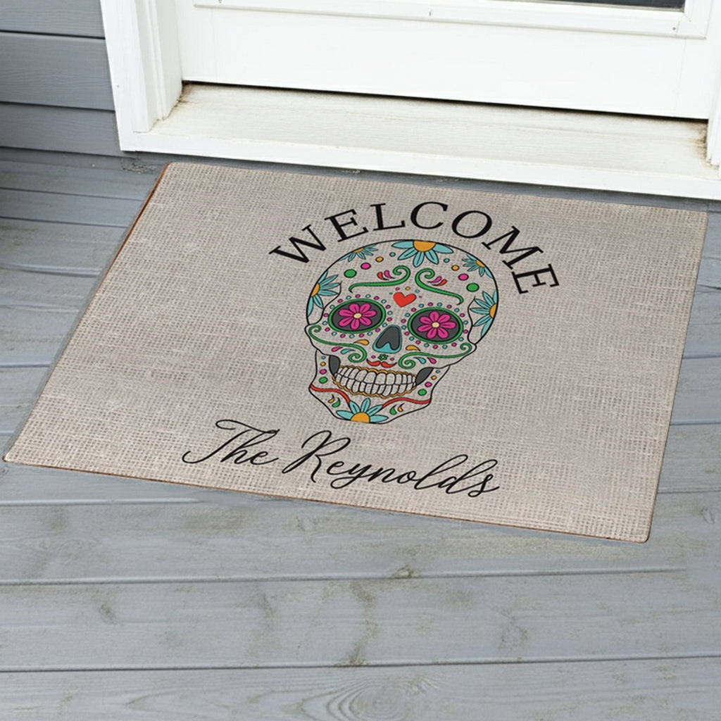 Sugar skull personalized doormat with floral design and custom family name welcome mat