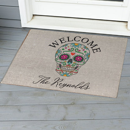 Sugar skull personalized doormat with floral design and custom family name welcome mat