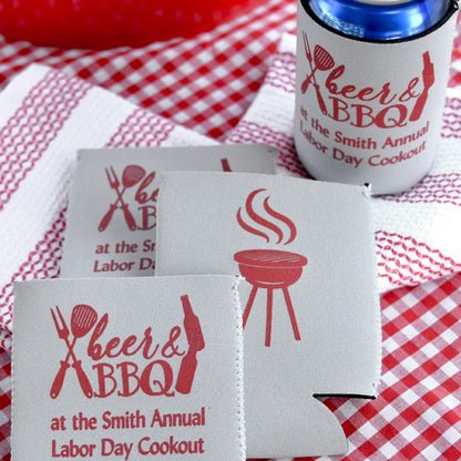 White neoprene summer party theme beer can huggers personalized with beer and barbeque design and custom text in red print