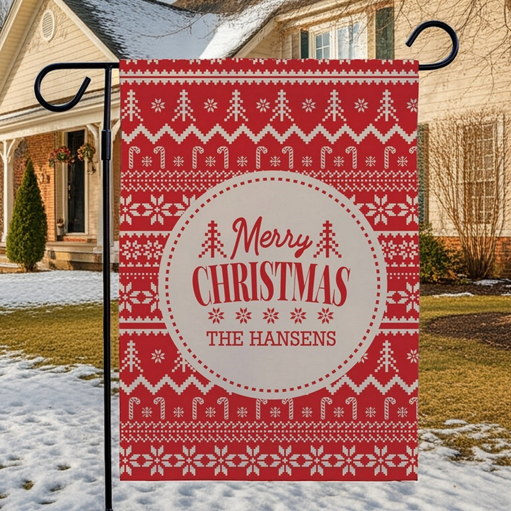Personalized garden flag with Merry Christmas design featuring The Hansens in festive red